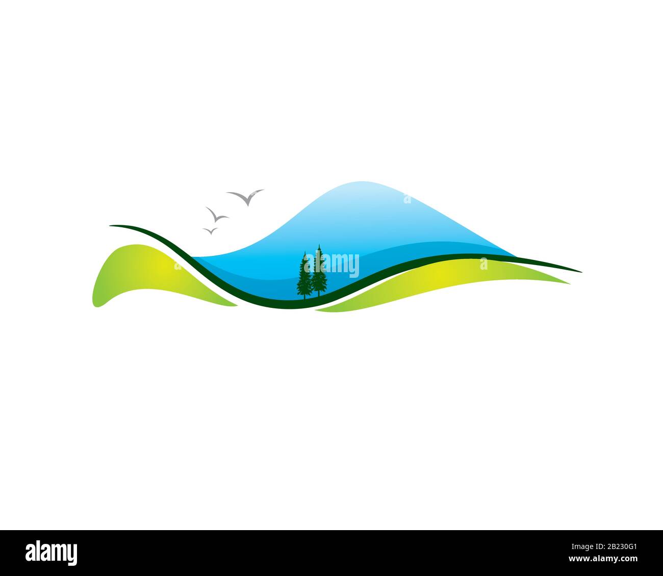 blue mountain hills meadow and river natural landscape scenery with birds Stock Vector