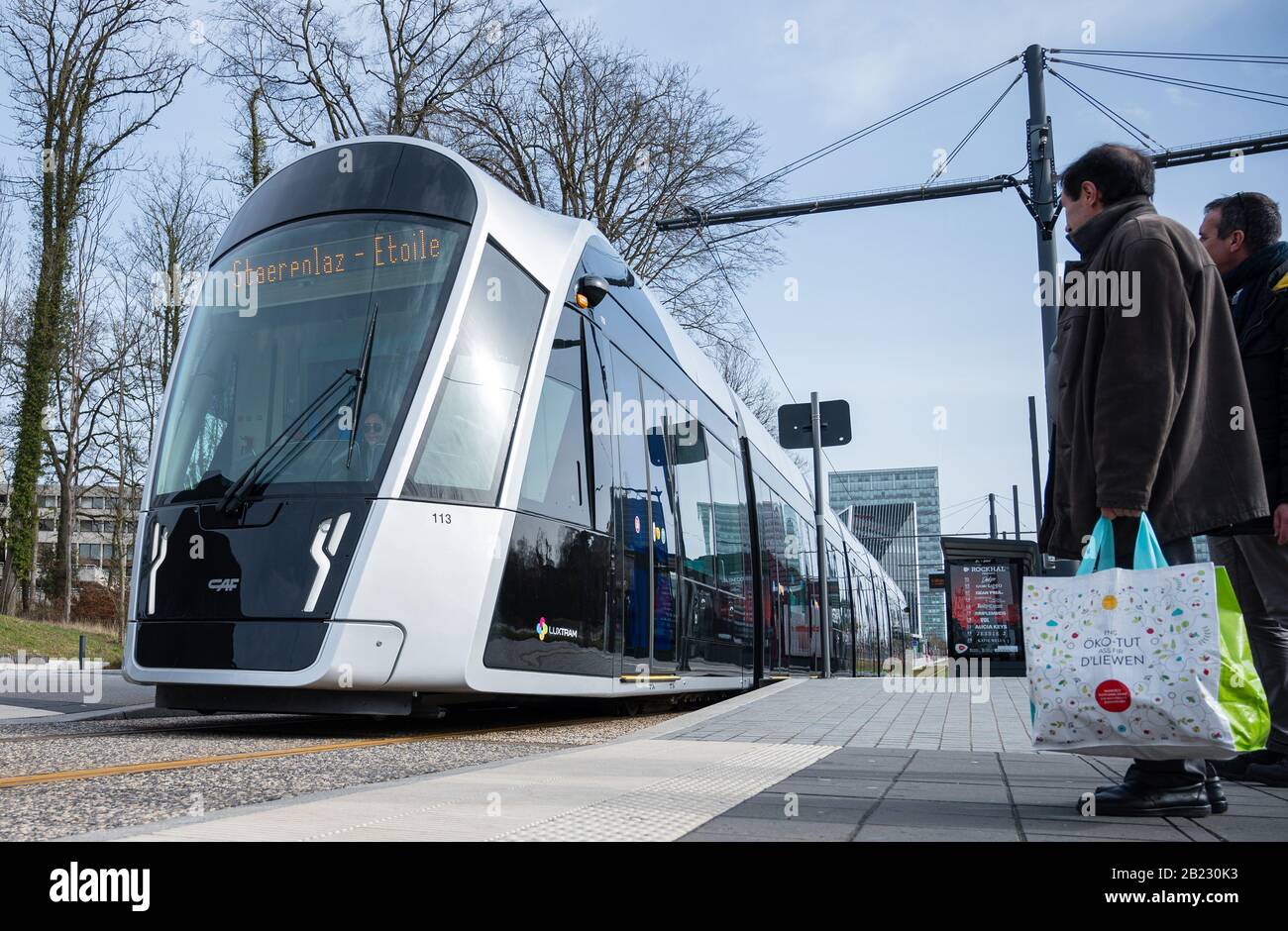 Luxemburg, Luxembourg. 29th Feb, 2020. A tram of the city of Luxembourg stops at Pfaffenthal-Kirchberg. As of today, local public transport in Luxembourg is free of charge. Credit: Oliver Dietze/dpa/Alamy Live News Stock Photo