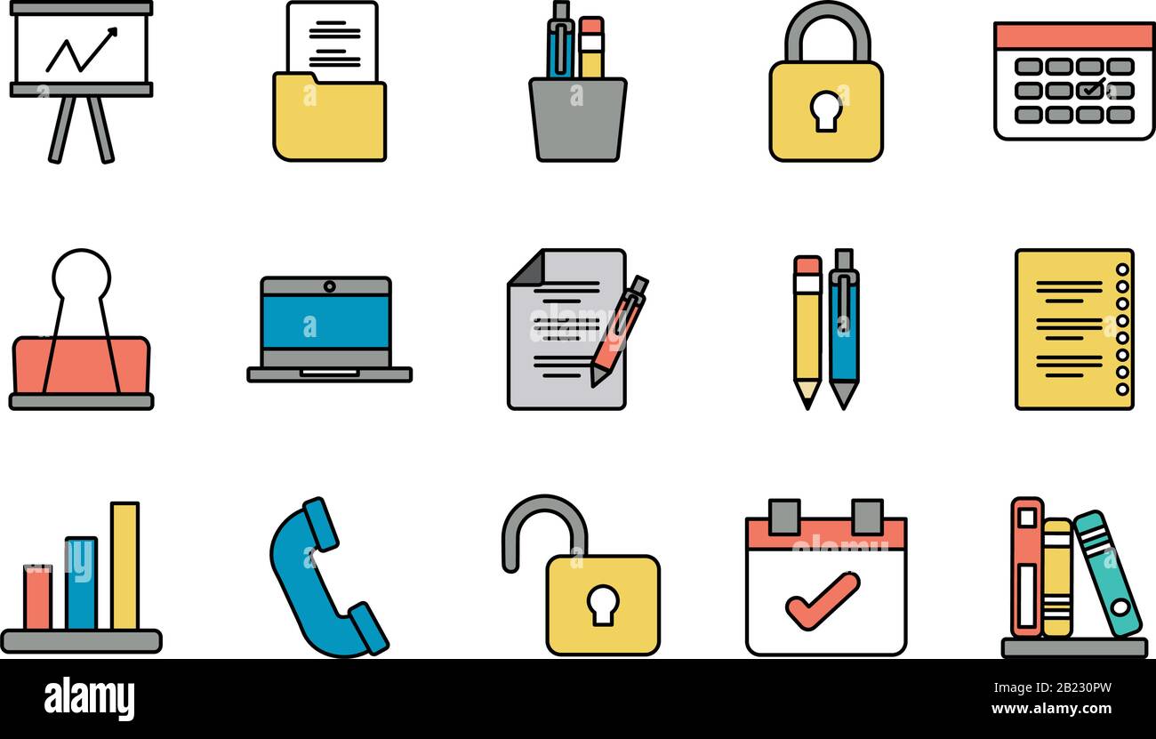 set of icons office , line style icon vector illustration design Stock ...