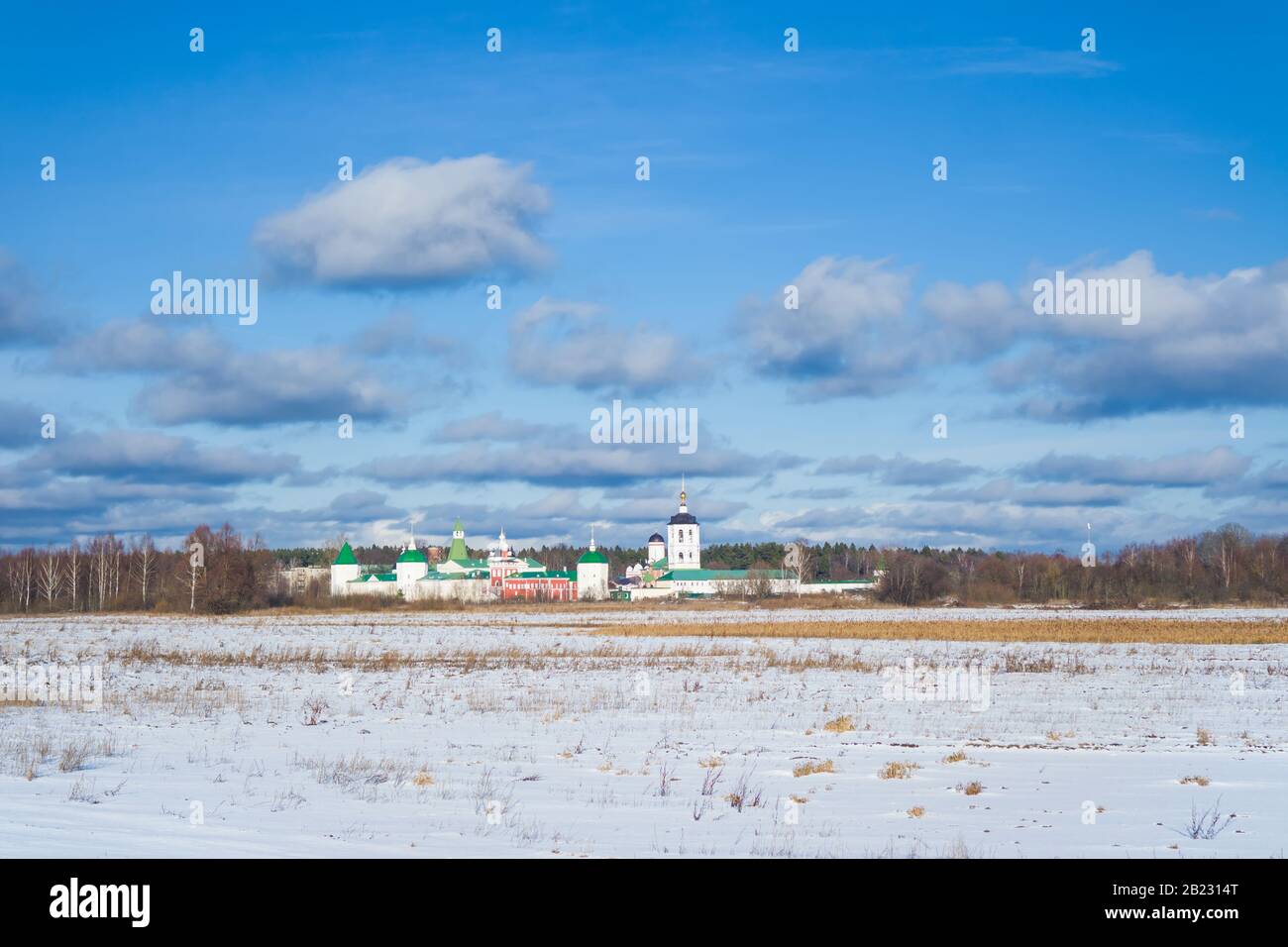 Ancient russian monastery at beautiful winter day. Stock Photo