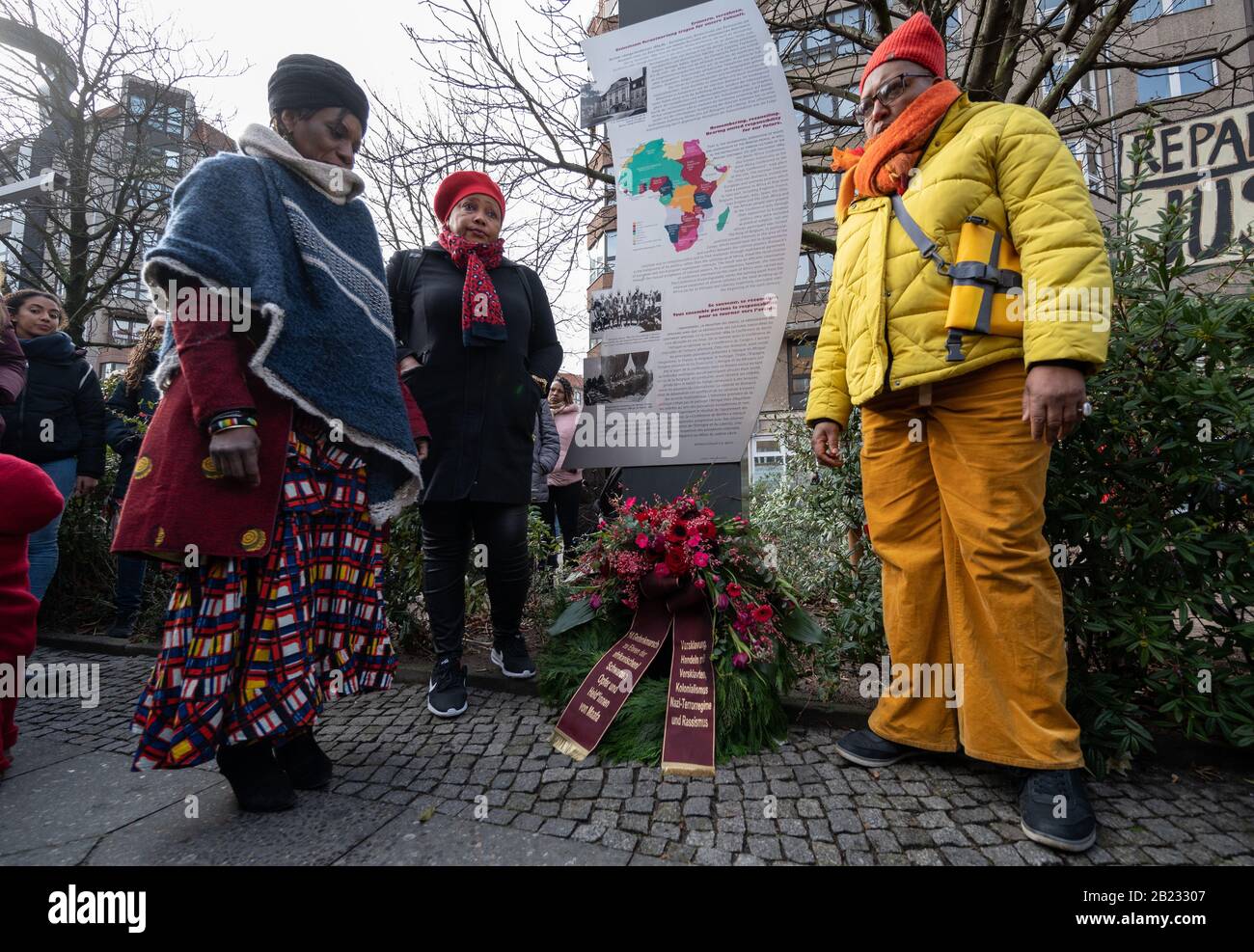 Berlin, Germany. 29th Feb, 2020. A wreath is laid at the commemoration march for African victims of enslavement, colonialism and racism of the Committee for an African Monument in Berlin. Credit: Christophe Gateau/dpa/Alamy Live News Stock Photo