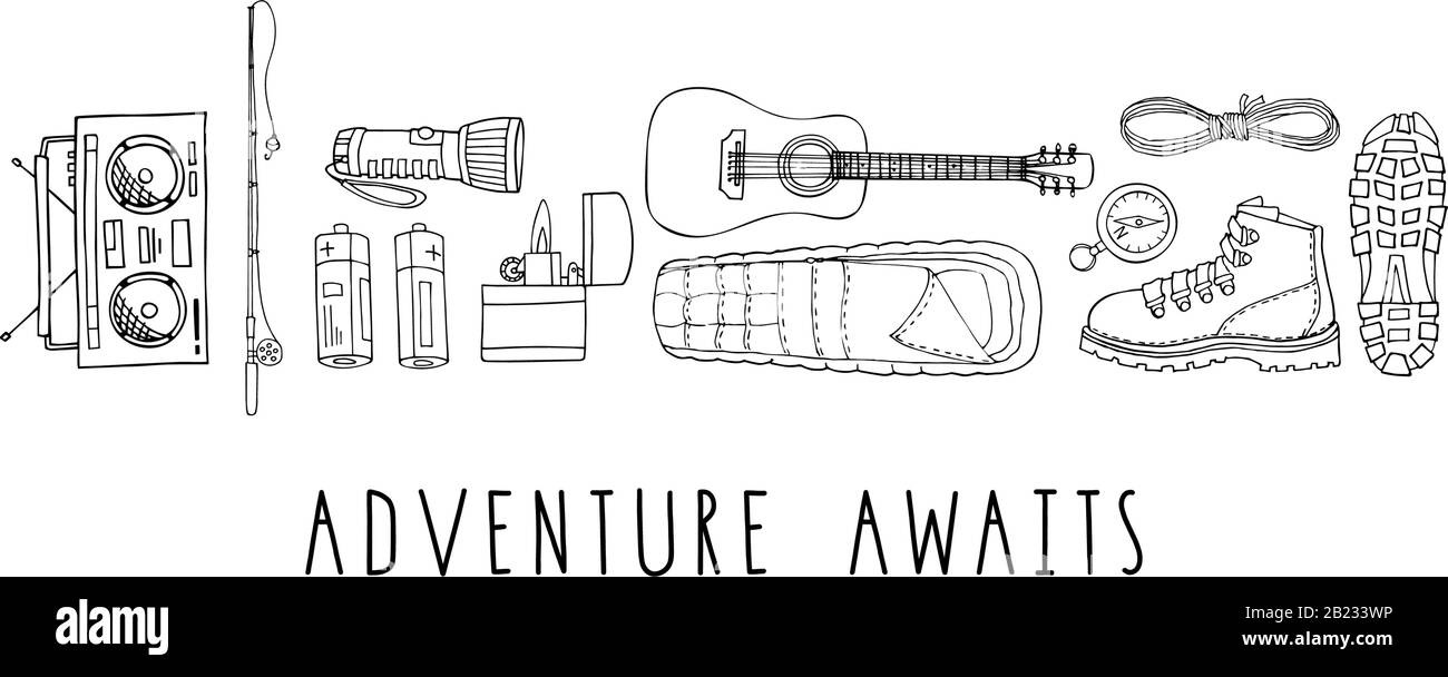 Vector set of hand drawn elements isolated on white. Hiking gear for trips. Boots, flashlight, rope, guitar, sleeping bag, compass, boombox radio Stock Vector