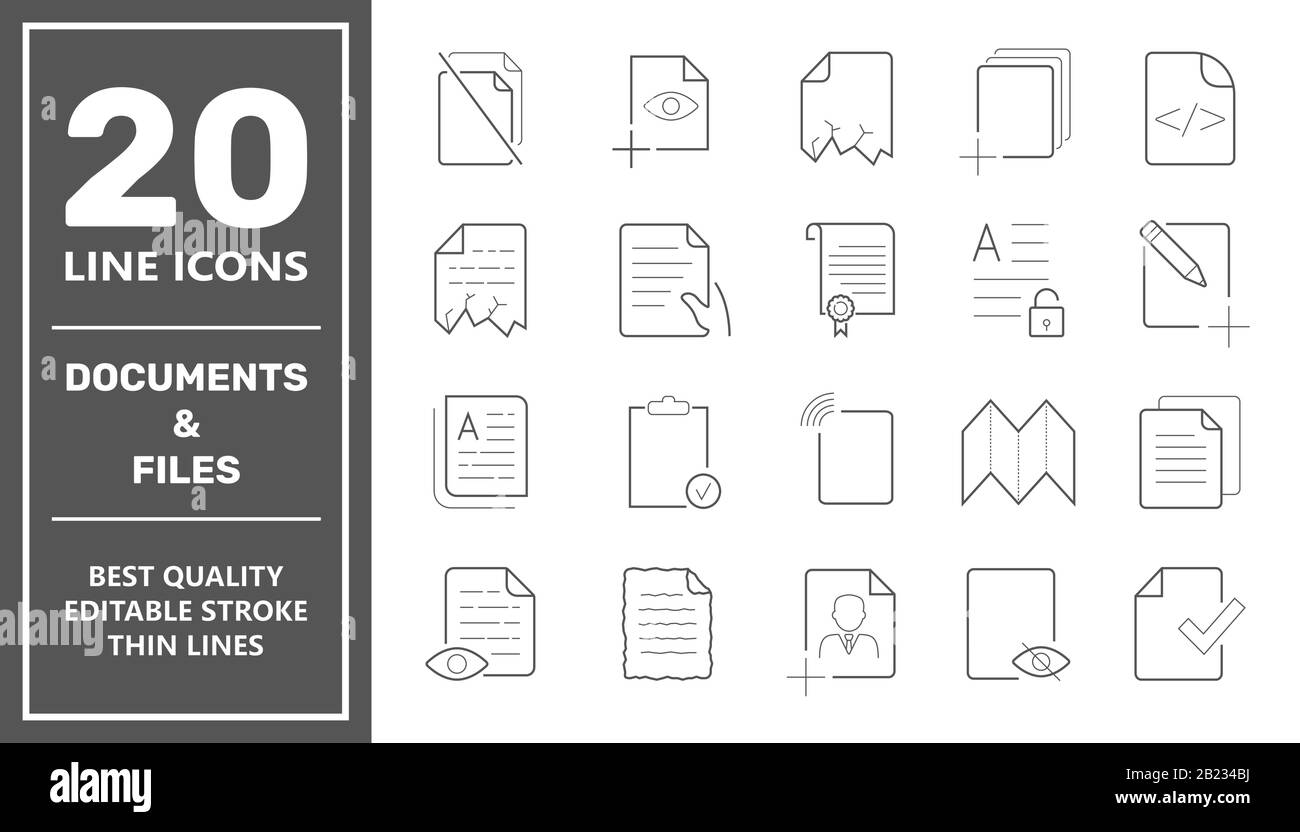 Set of Document Icons. Contains such Icons as Batch Processing, Legal Documents, Clipboard, Download, Document Flow and more. Editable Stroke. EPS 10 Stock Vector