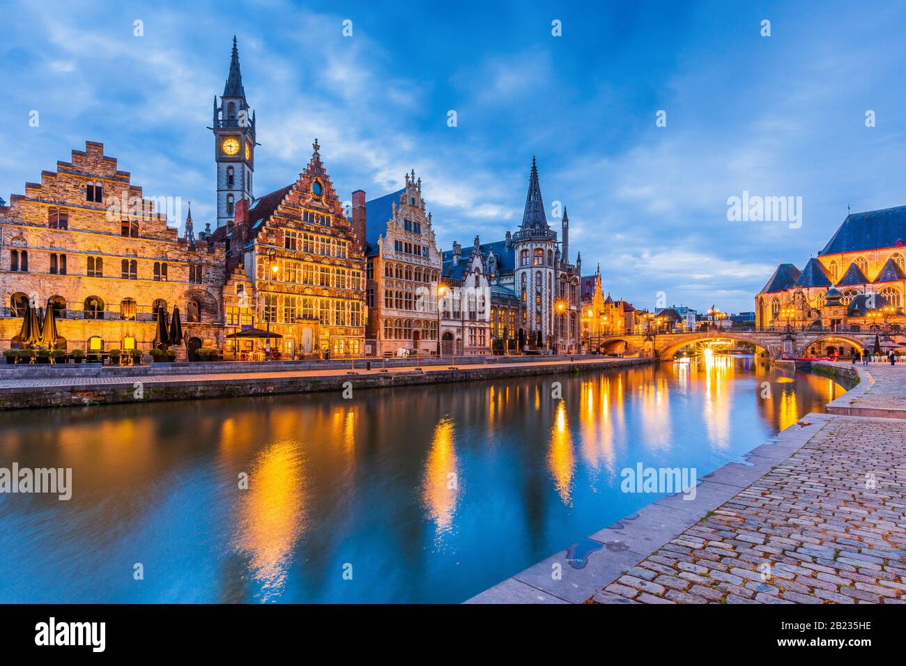 Belgium, Ghent. Korenlei and Graslei, historical houses at River Lys. Stock Photo