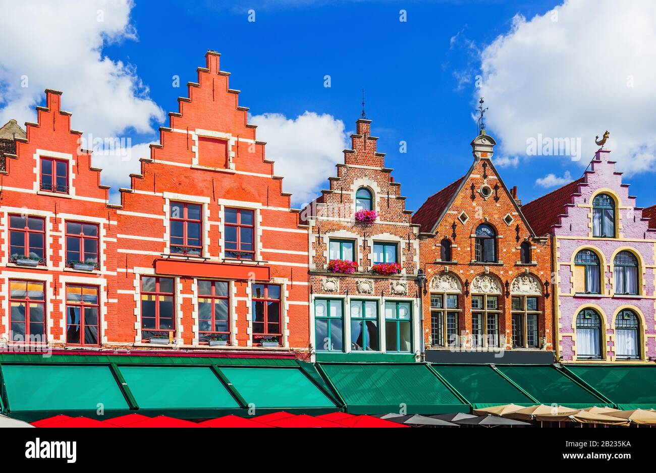 Bruges, Belgium. Colorful houses on the Grote Markt square. Stock Photo
