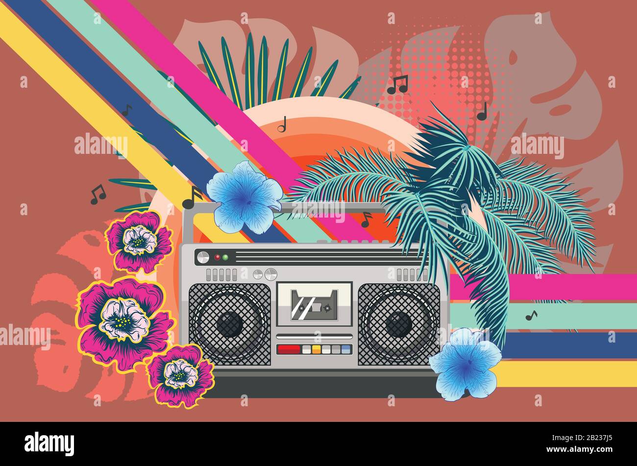 Retro 80s music poster with boombox and tropical leaves design. Stock Vector