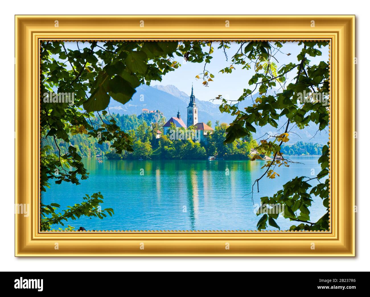 Bled lake, the most famous lake in Slovenia with the island of the church (Europe - Slovenia) - Wooden golden frame concept Stock Photo