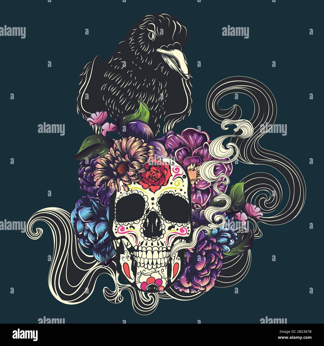 Day of the dead floral sugar skull with flowers colorful design Stock ...