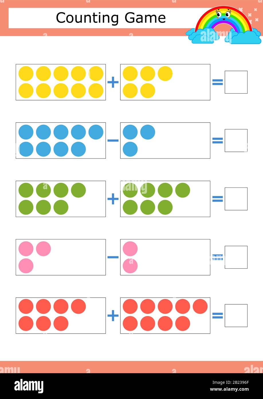 Counting game for preschool children. The study of mathematics. Addition and subtraction. Colored circles. With a place for answers. Simple flat isola Stock Vector