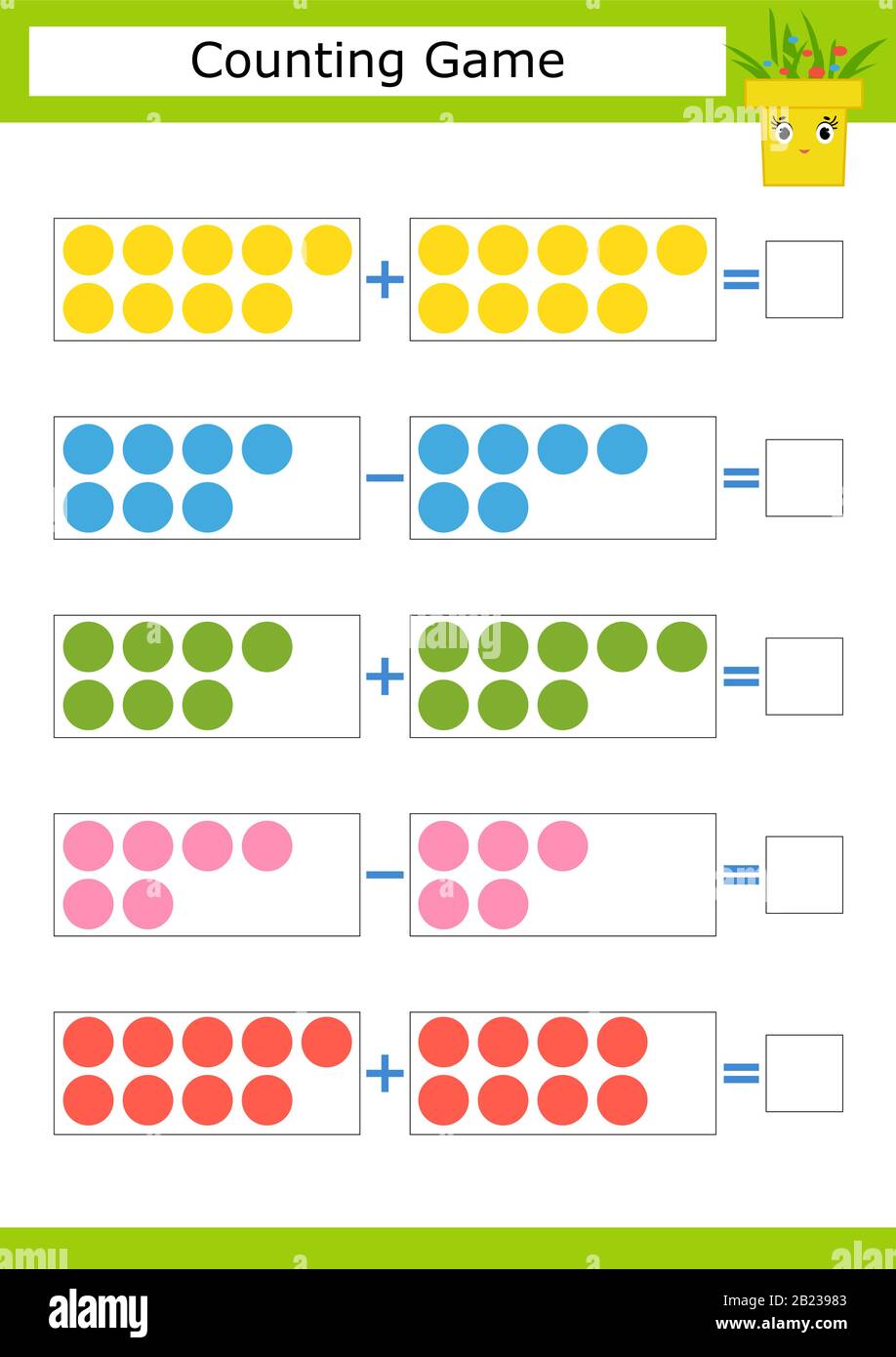 Counting game for preschool children. The study of mathematics. Addition and subtraction. Colored circles. With a place for answers. Simple flat isola Stock Vector