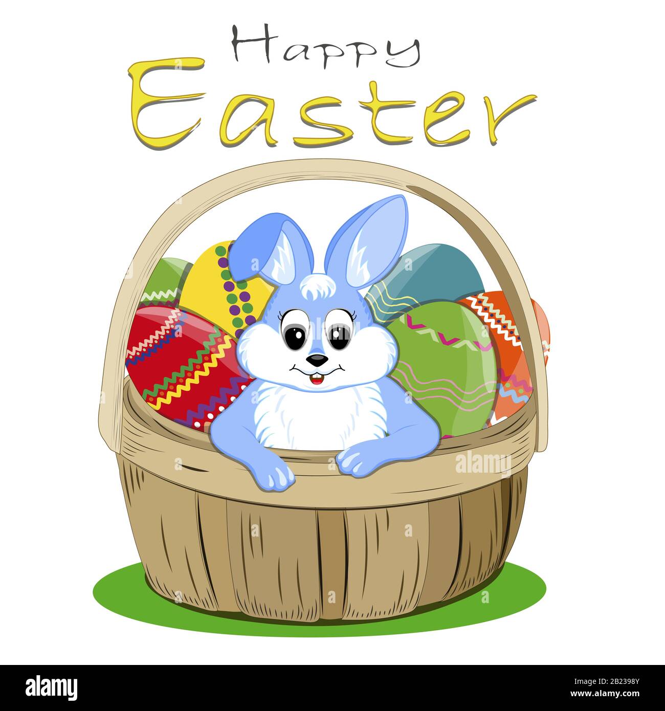 Rabbits with Easter eggs in a basket. Happy Easter text.Isolated white. Vector. Stock Vector