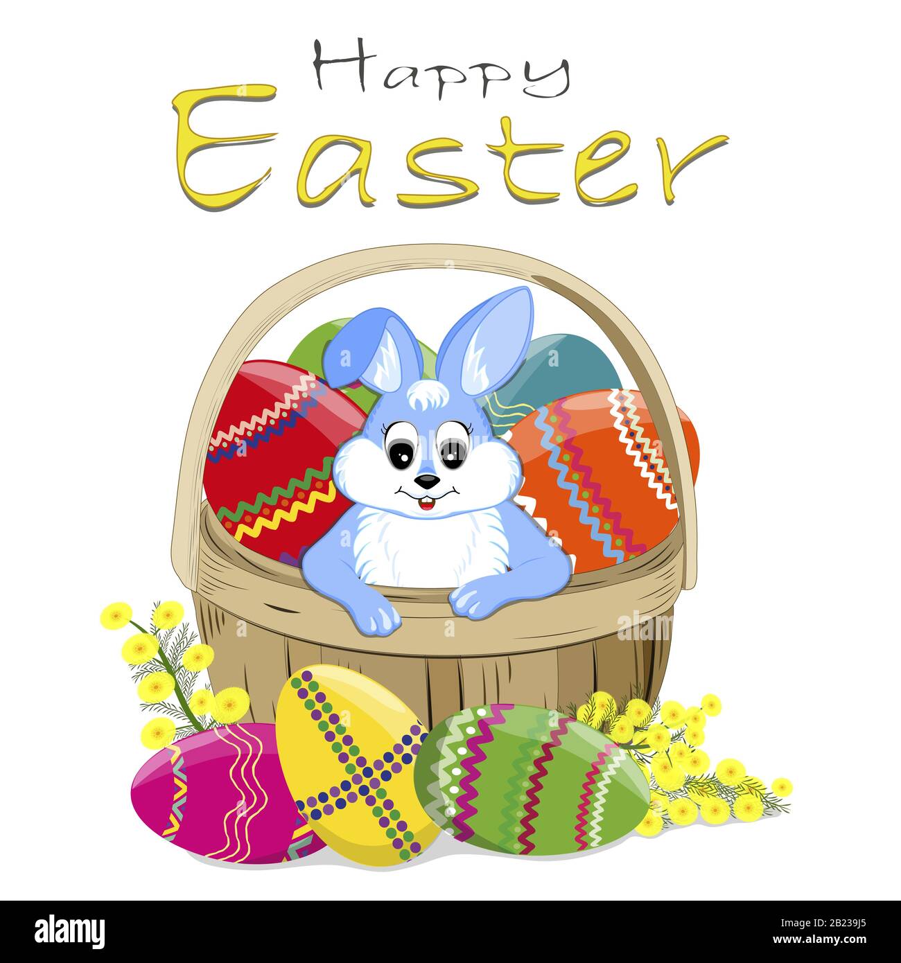 Rabbits with Easter eggs in a basket. Happy Easter text.Isolated white. Vector. Stock Vector