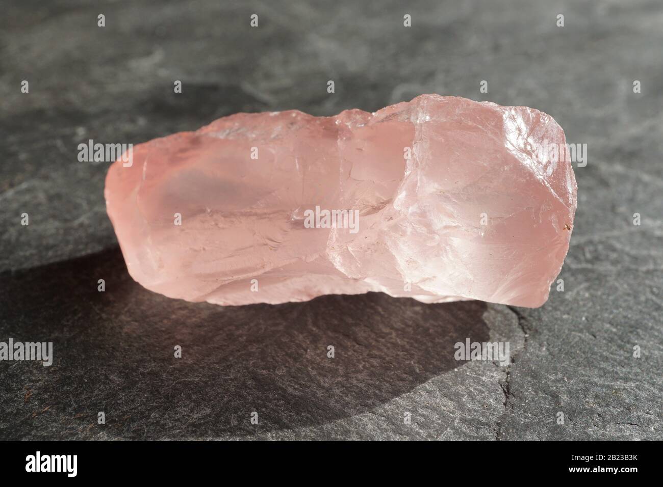Uncut and raw rose quartz pebble on a gray slate tile, lit by the sun Stock Photo