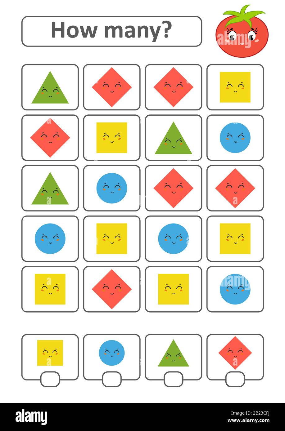 Game for preschool children. Count as many fruits in the picture and write  down the result. Triangle, rhombus, square, circle. With a place for answer  Stock Vector Image & Art - Alamy