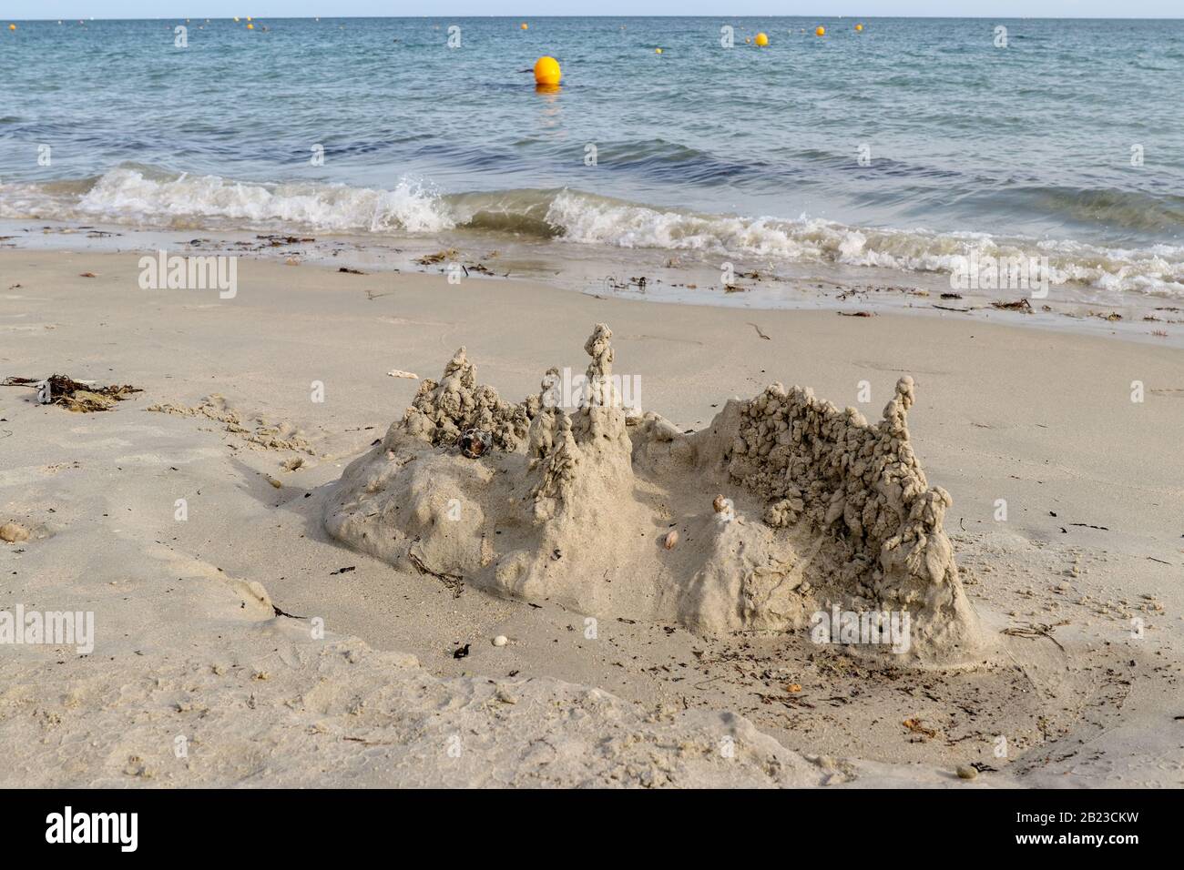 Sand castle on the beach, Men Du beach in Carnac, Brittany, France Stock Photo