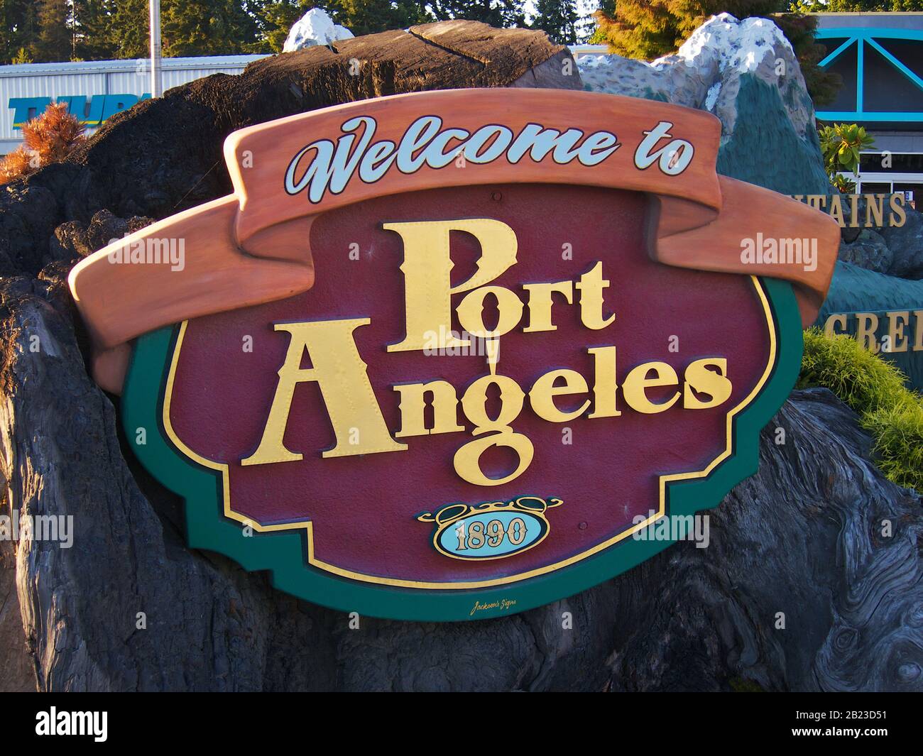 Port Angeles, Washington/USA - 08 19 2011: City sign. The city is famous for the Twilight book/movie series by Stephenie Meyer. Stock Photo