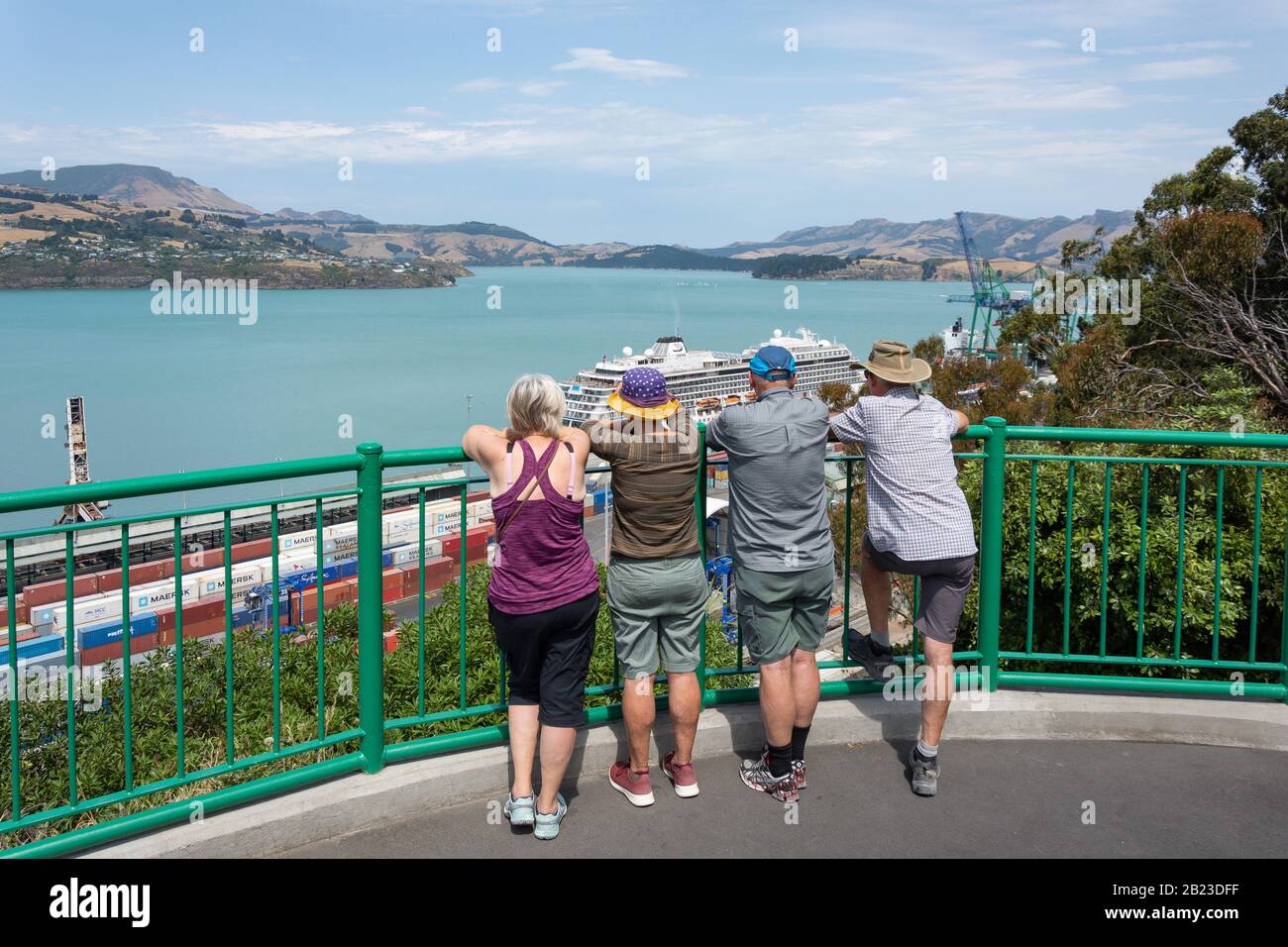 Group at lookout for Lyttelton Harbour, Lyttelton, Banks Peninsula, Canterbury Region, New Zealand Stock Photo