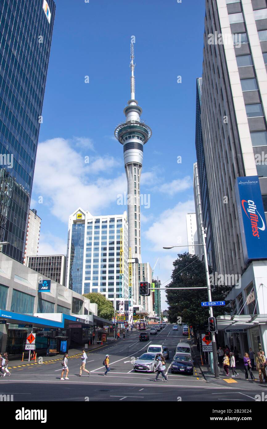 The Sky Tower from Victoria Street, City Centre, Auckland, Auckland Region, New Zealand Stock Photo