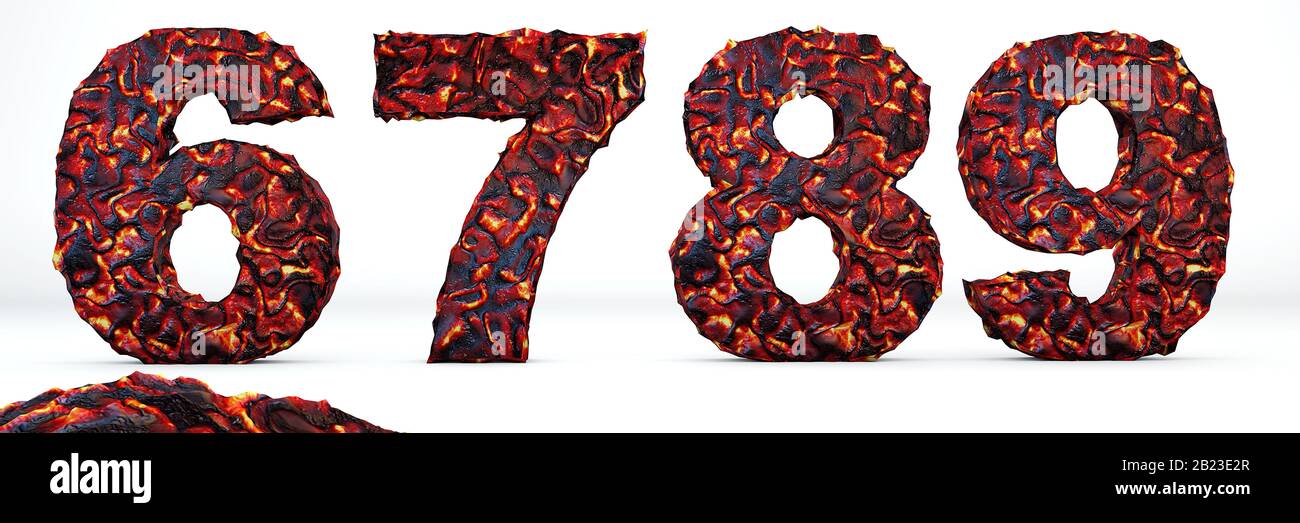 Volcanic alphabet numbers 6, 7, 8, 9. 3D render of volcanic font white burning lava isolated on white background. Stock Photo