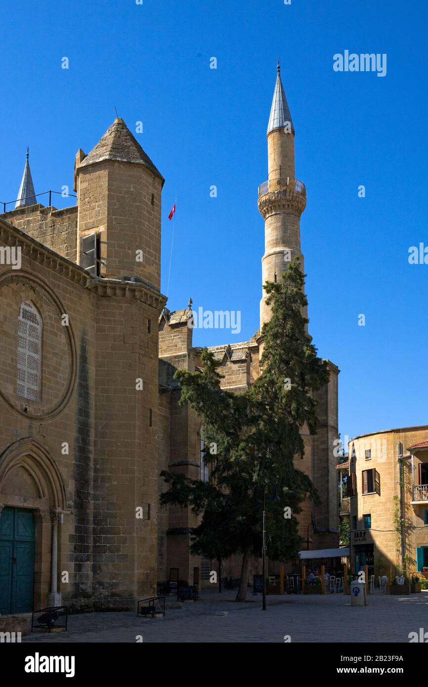 Selimiye Meydanı, Northern Nicosia, Turkish Cyprus, with mosque and minaret Stock Photo