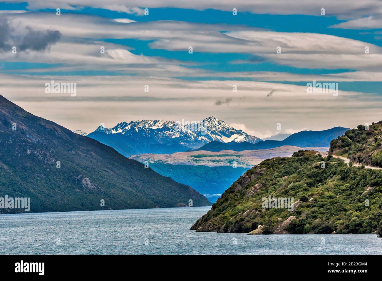 Lake Wakatipu, The Remarkables mountain range in distance, from Devil Staircase viewpoint, Otago Region, South Island, New Zealand Stock Photo