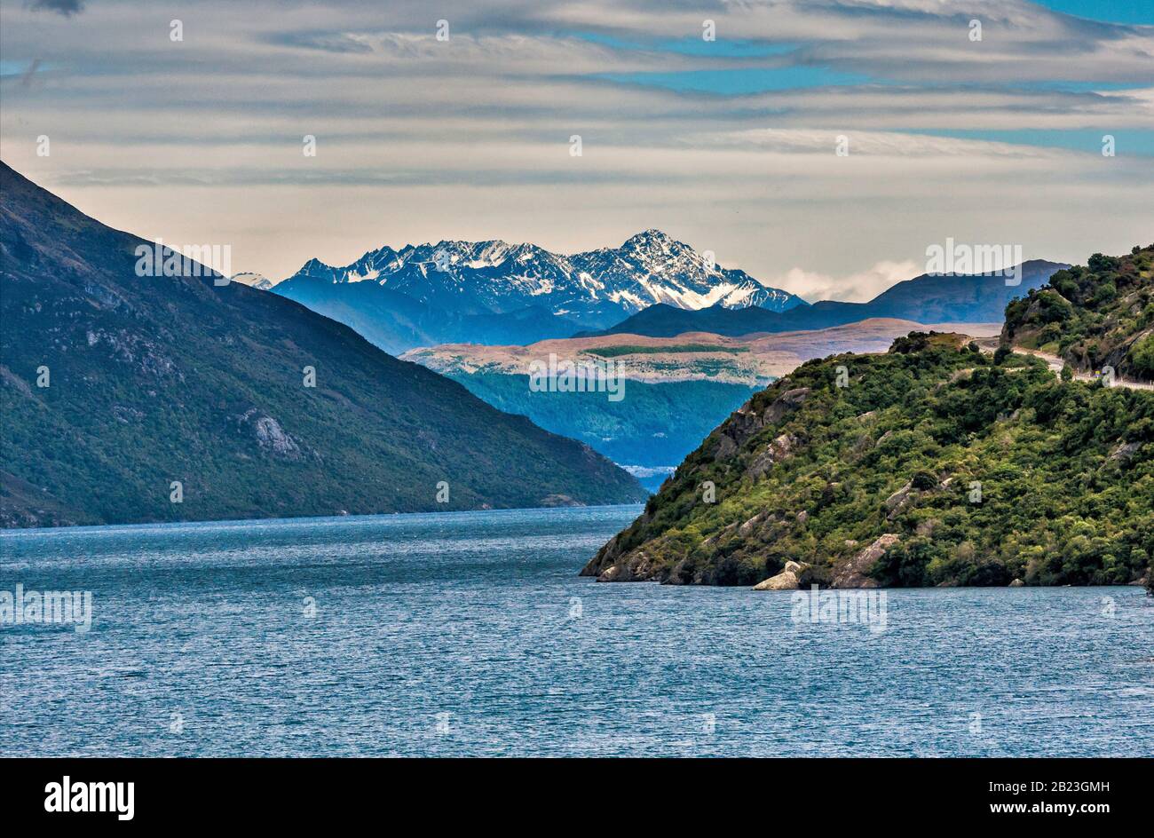 Lake Wakatipu, The Remarkables mountain range in distance, from Devil Staircase viewpoint, Otago Region, South Island, New Zealand Stock Photo