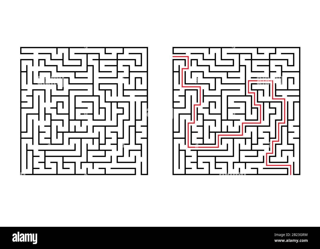 Abstract square maze. Simple flat vector illustration isolated on white background. With the answer Stock Vector