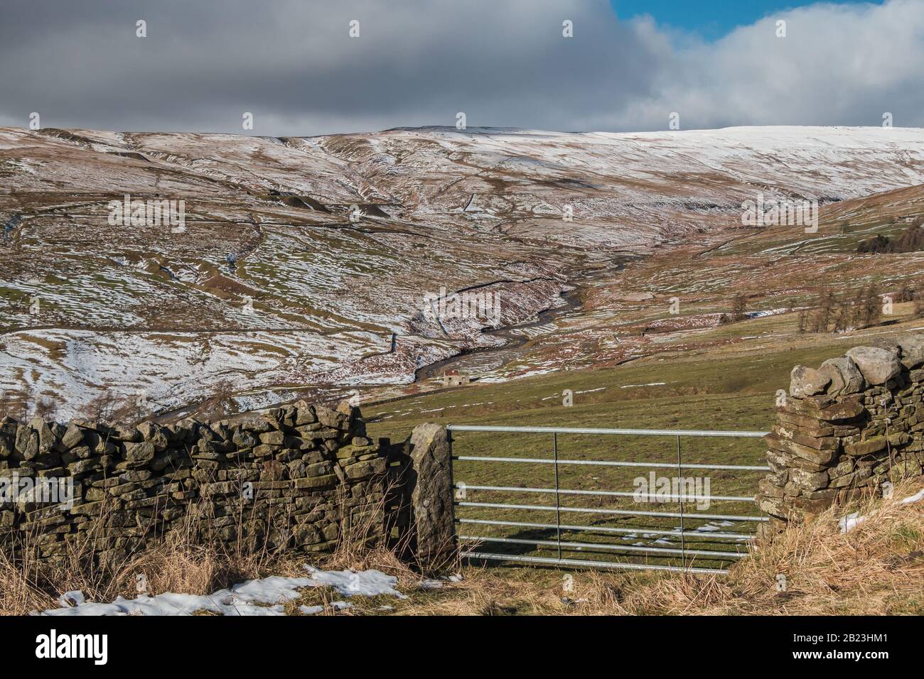 Looking over the Hudes Hope Valley, Teesdale,  towards the disused Coldberry Lead Mine Stock Photo