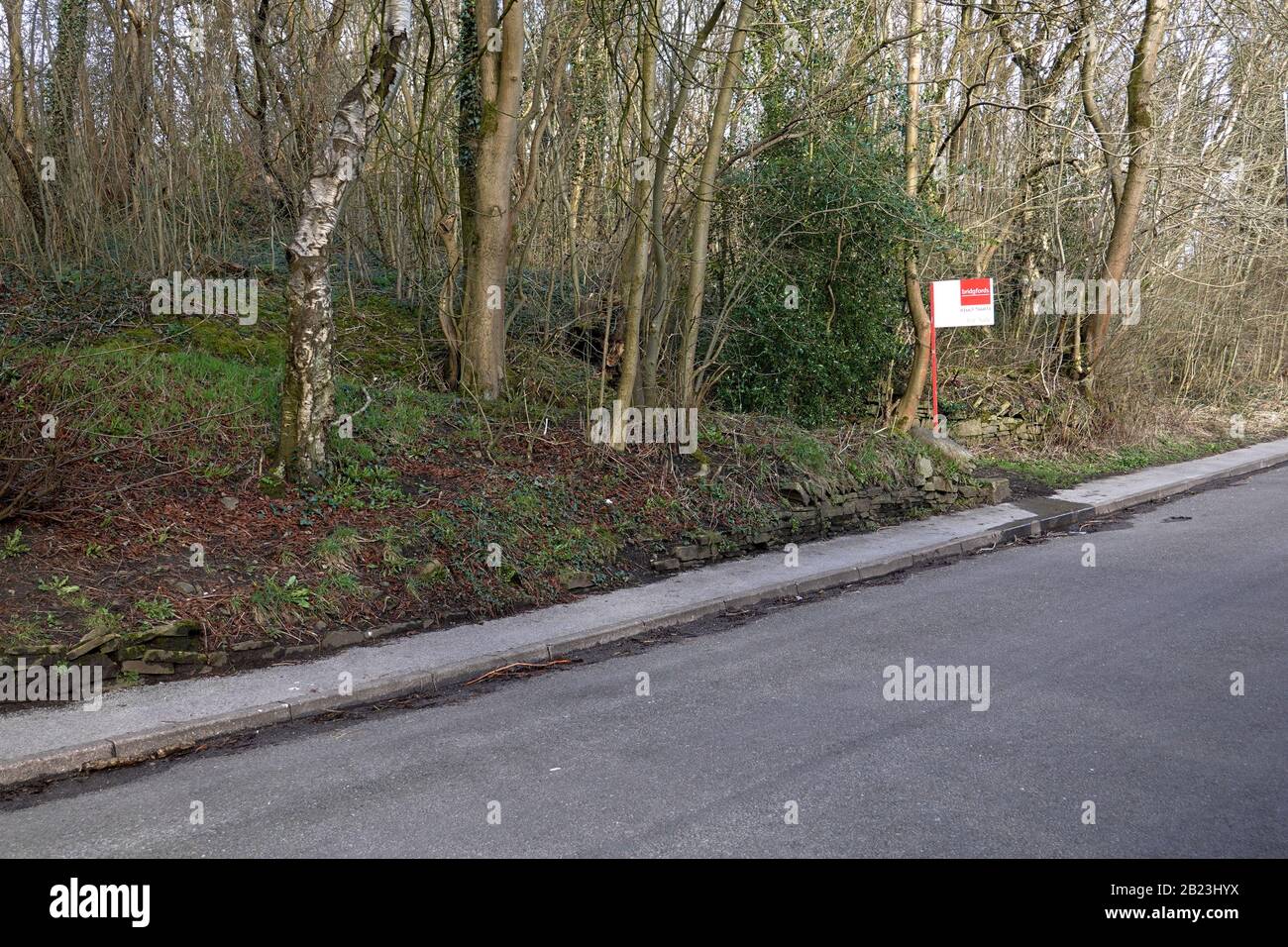 A For Sale board on open land in New Mills, Derbyshire Stock Photo