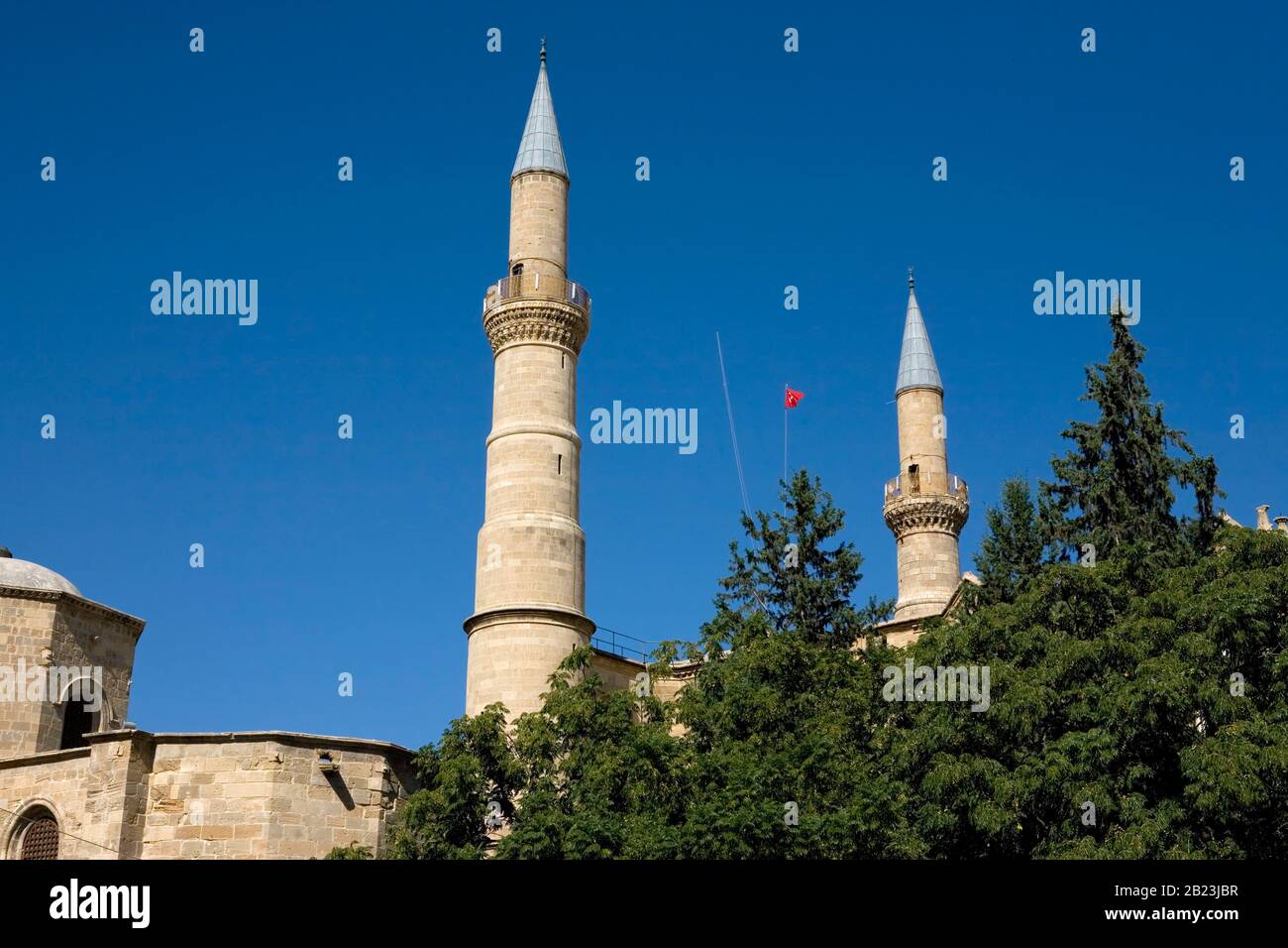 The twin minarets of Selimiye Camii (Selimiye Mosque), once the Christian Agia Sofia Cathedral, North Nicosia, Turkish Cyprus Stock Photo
