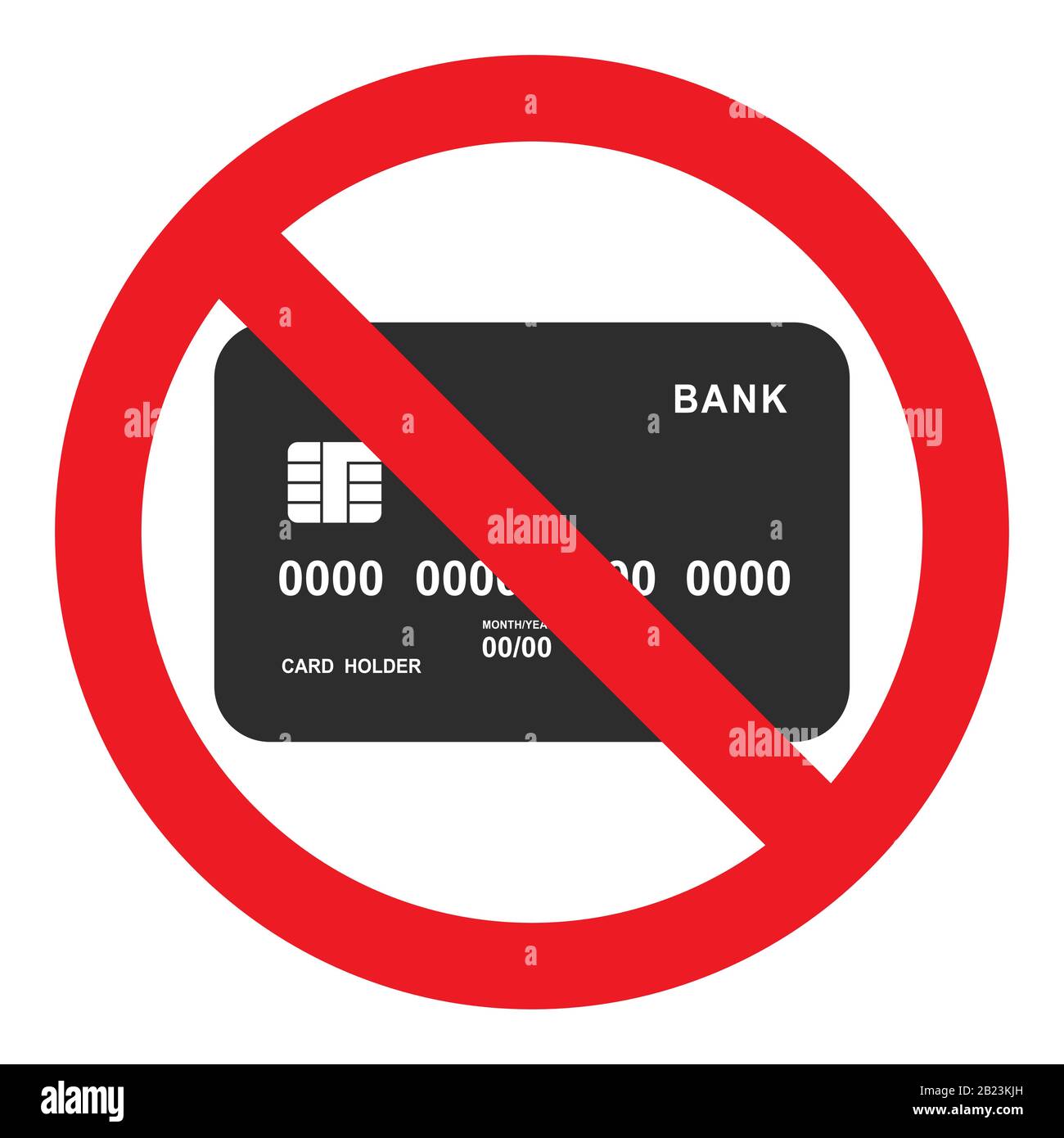 Bank card icon in red crossed out circle. No credit card. Cash. No credit cards accepted. Isolated vector illustration on white background. Stock Vector