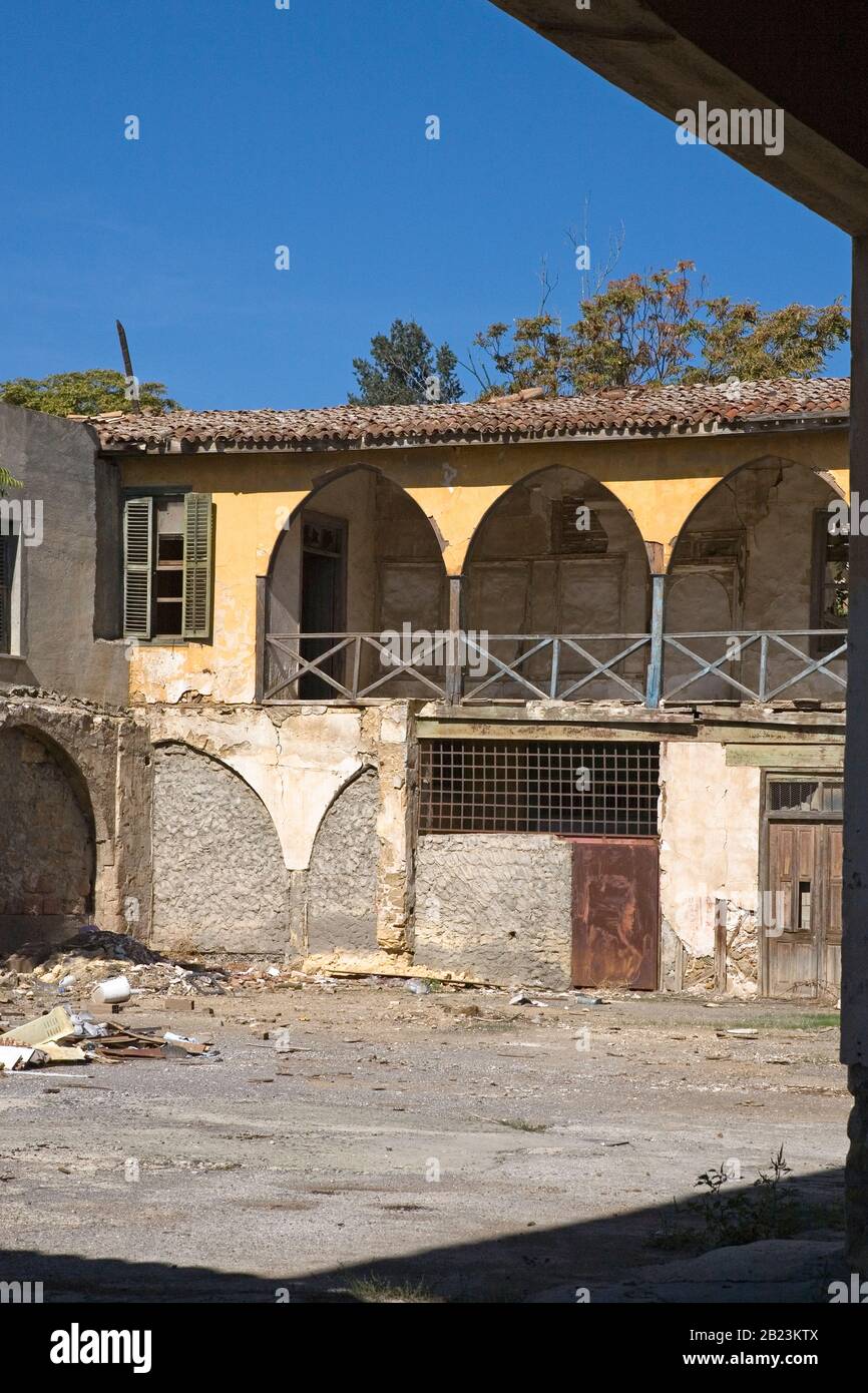 Dilapidated and abandoned Kumarcilar Han (Gamblers' Inn), North Nicosia, 2012: the caravanserai has subsequently been renovated, and re-opened in 2016 Stock Photo