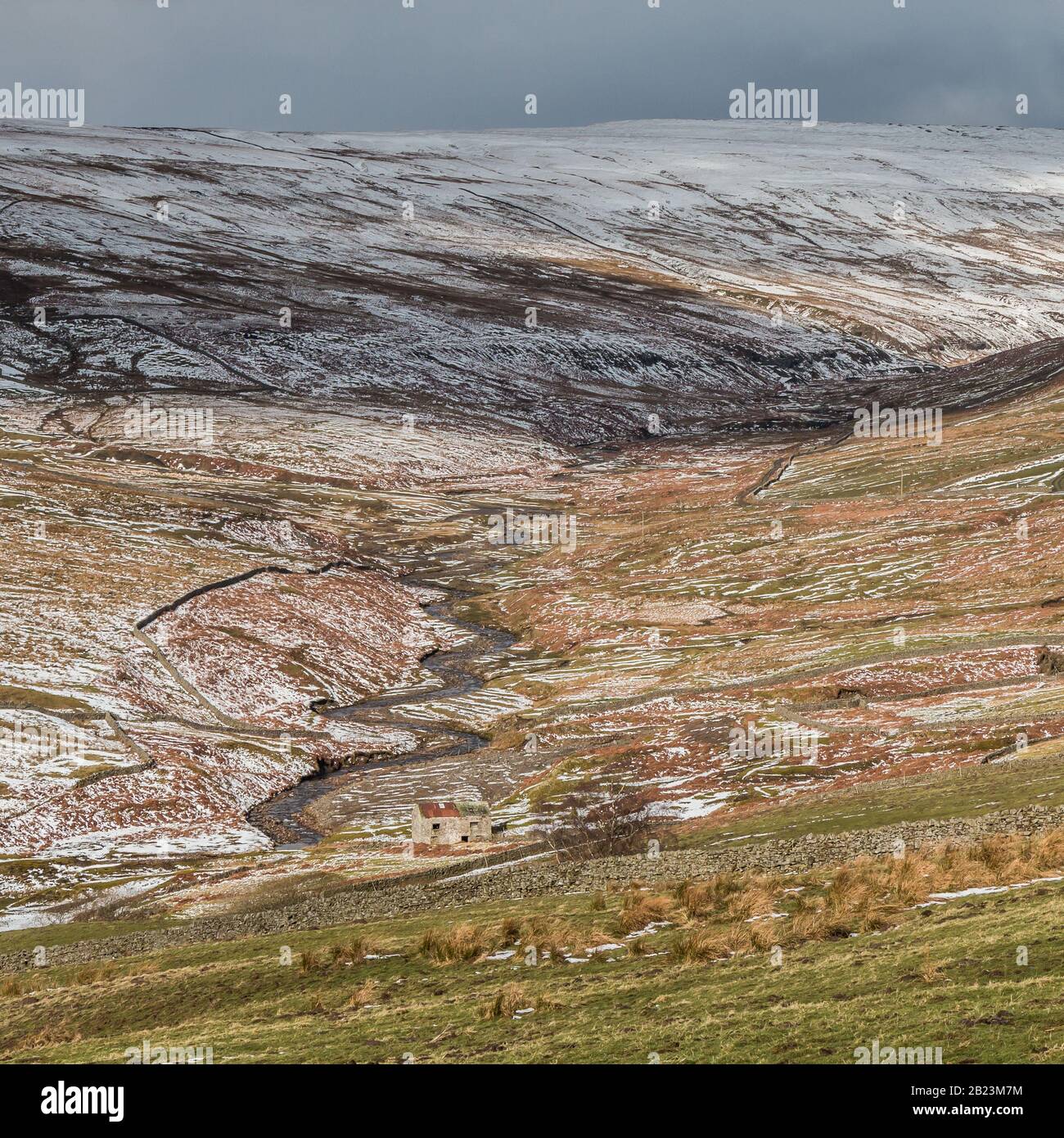 A wintry scene in the Hudes Hope, high in the North Pennines AONB near Middleton in Teesdale. Stock Photo