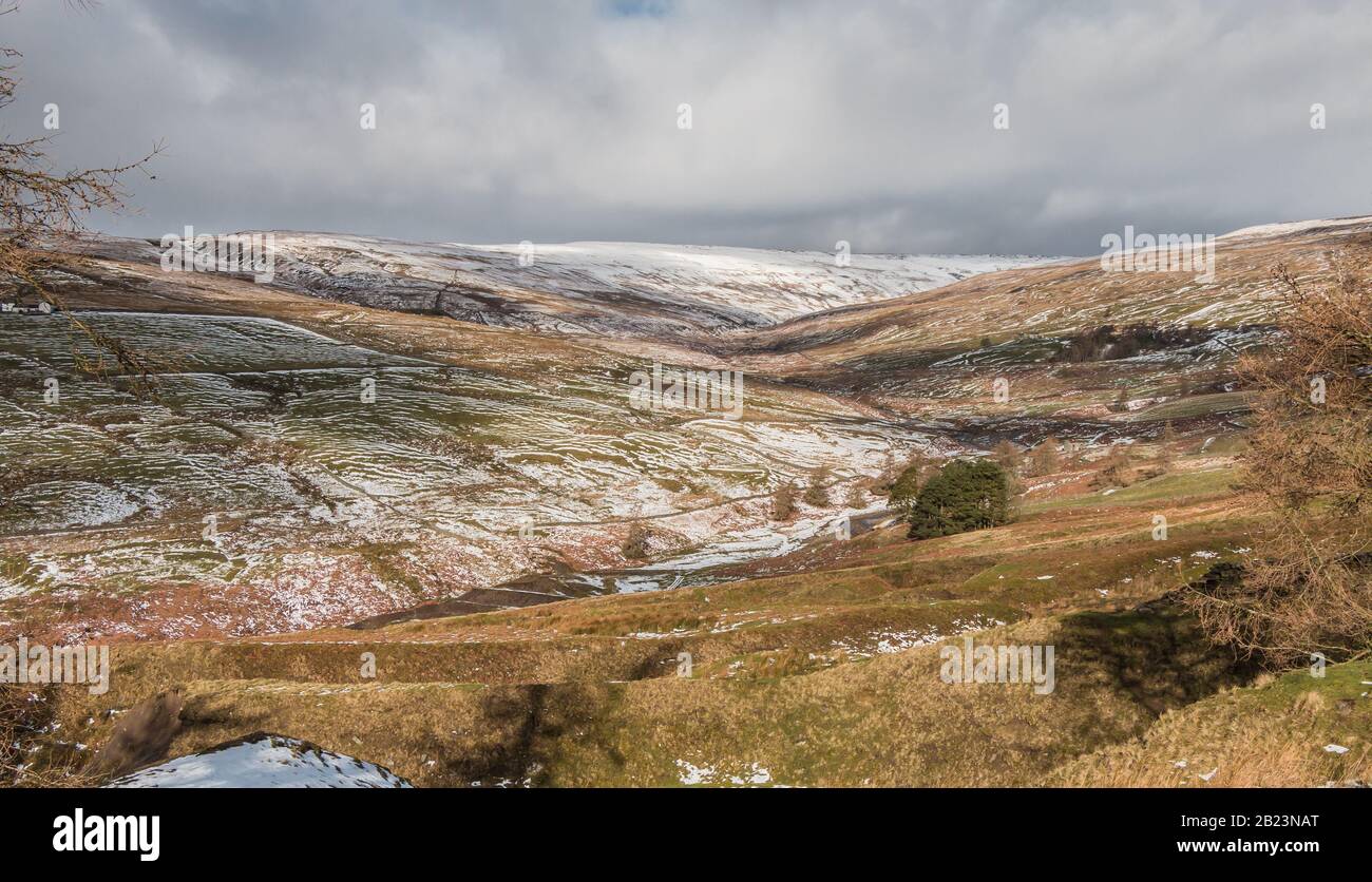 A wintry scene in the Hudes Hope valley, high in the North Pennines AONB near Middleton in Teesdale. Stock Photo