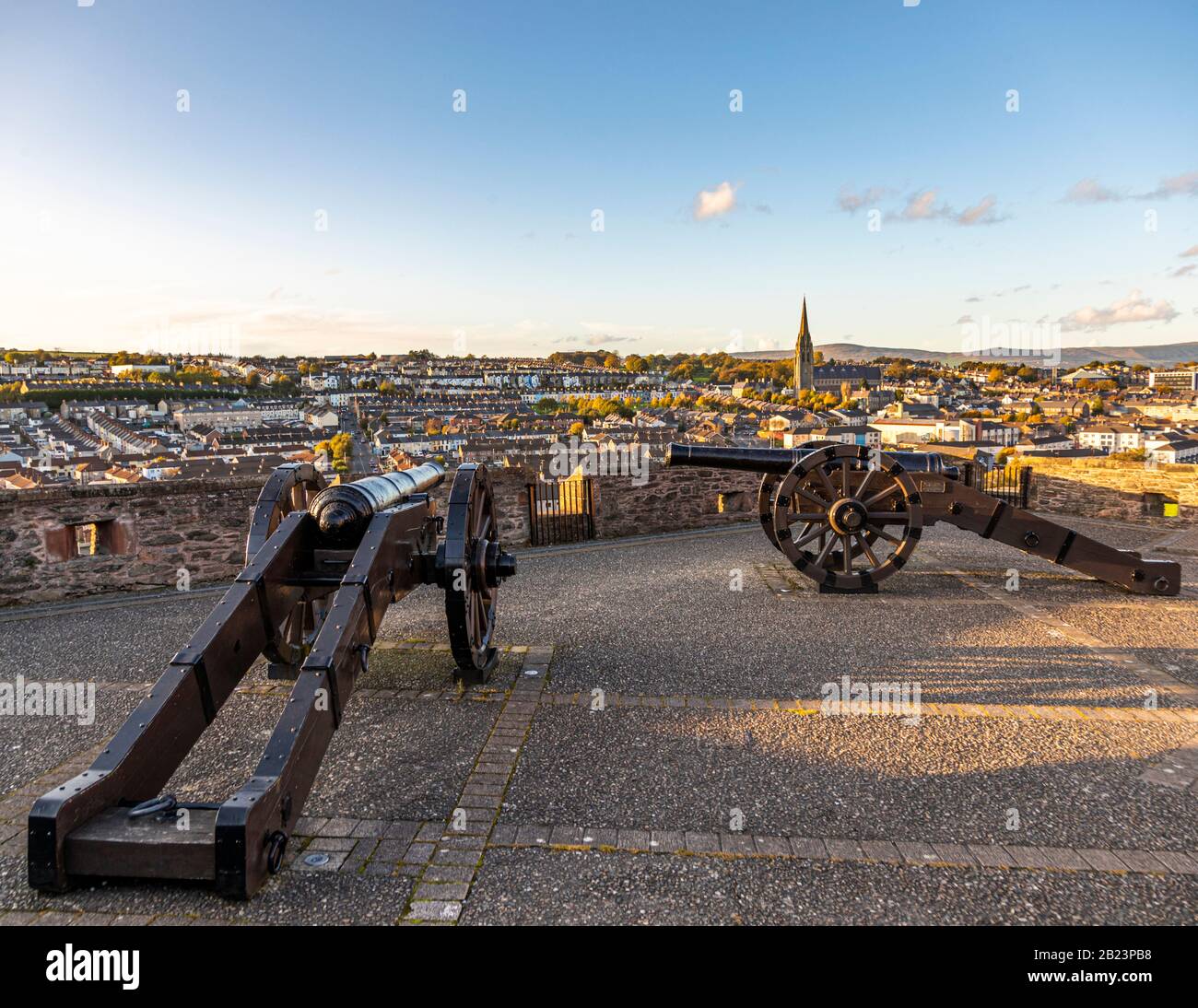 Two cannons on a terrace overlooking Londonderry, County Derry, Northern Ireland. Stock Photo