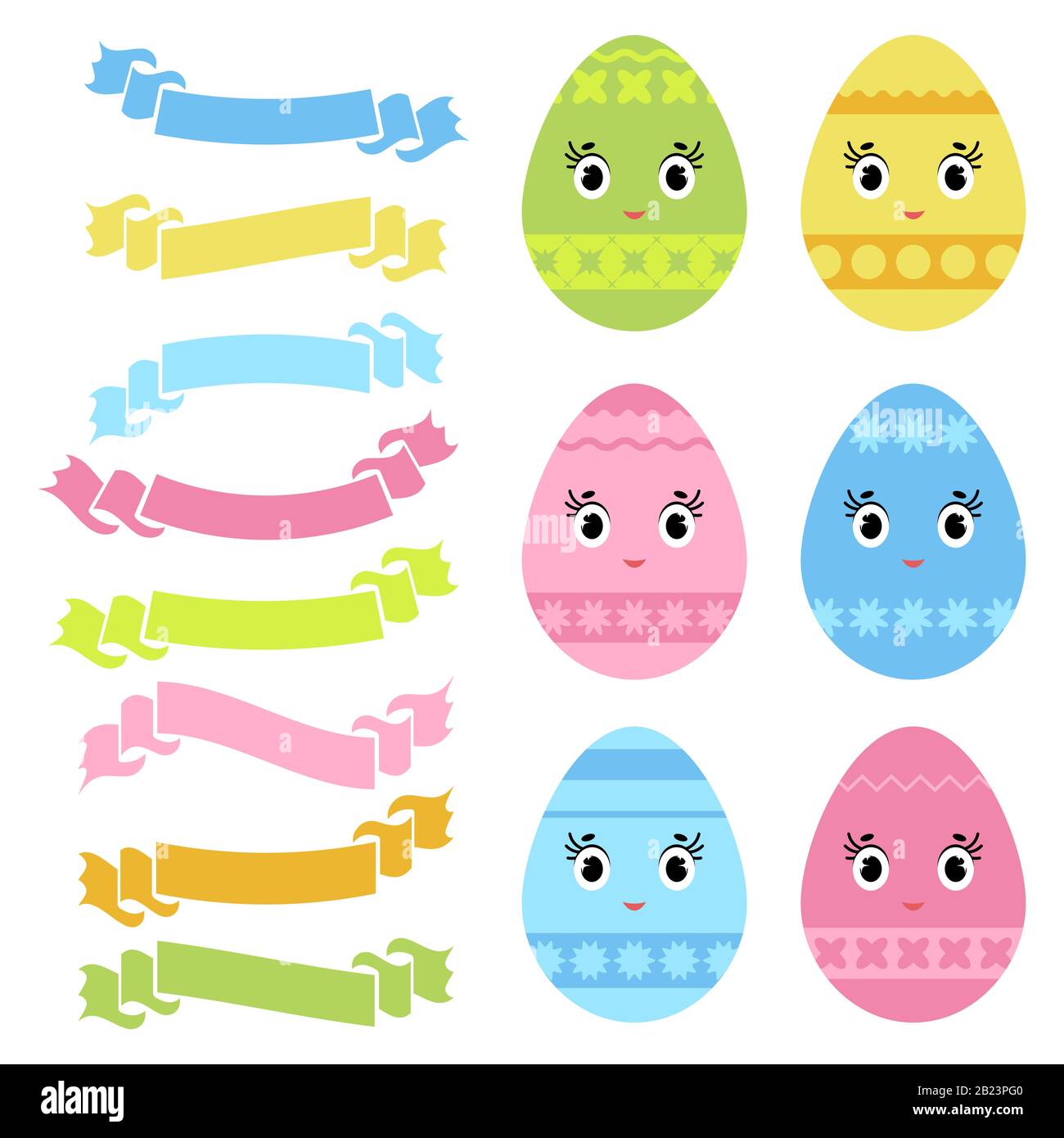 Set of colored isolated sweet Easter eggs and ribbon banners on white background. With an abstract pattern. Simple flat vector illustration. Suitable Stock Vector