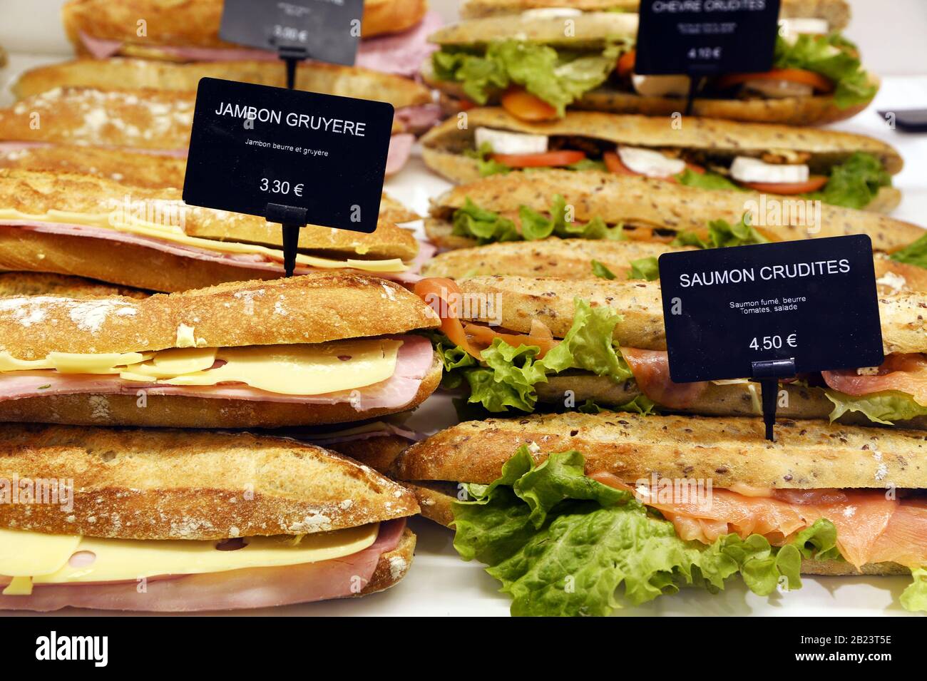 Sandwichs display in a bakery - Versailles - France Stock Photo