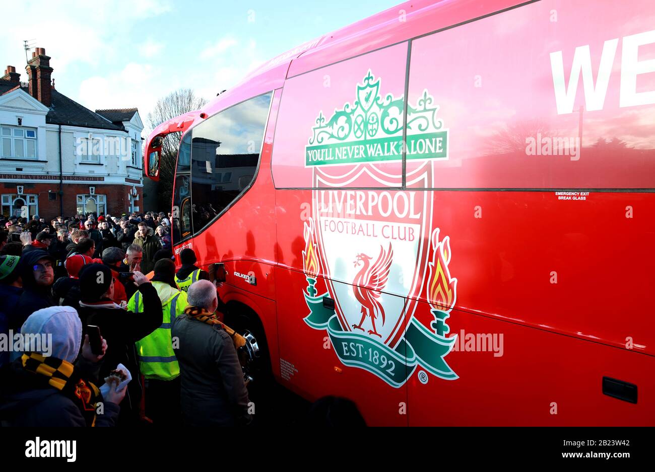 The Liverpool team bus arrives at the stadium prior to the beginning of the Premier League match at Vicarage Road, Watford. Stock Photo
