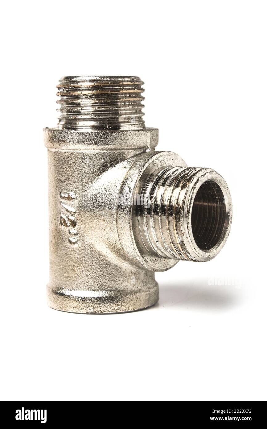 Brass chrome plated fitting for water pipe isolated on white Stock