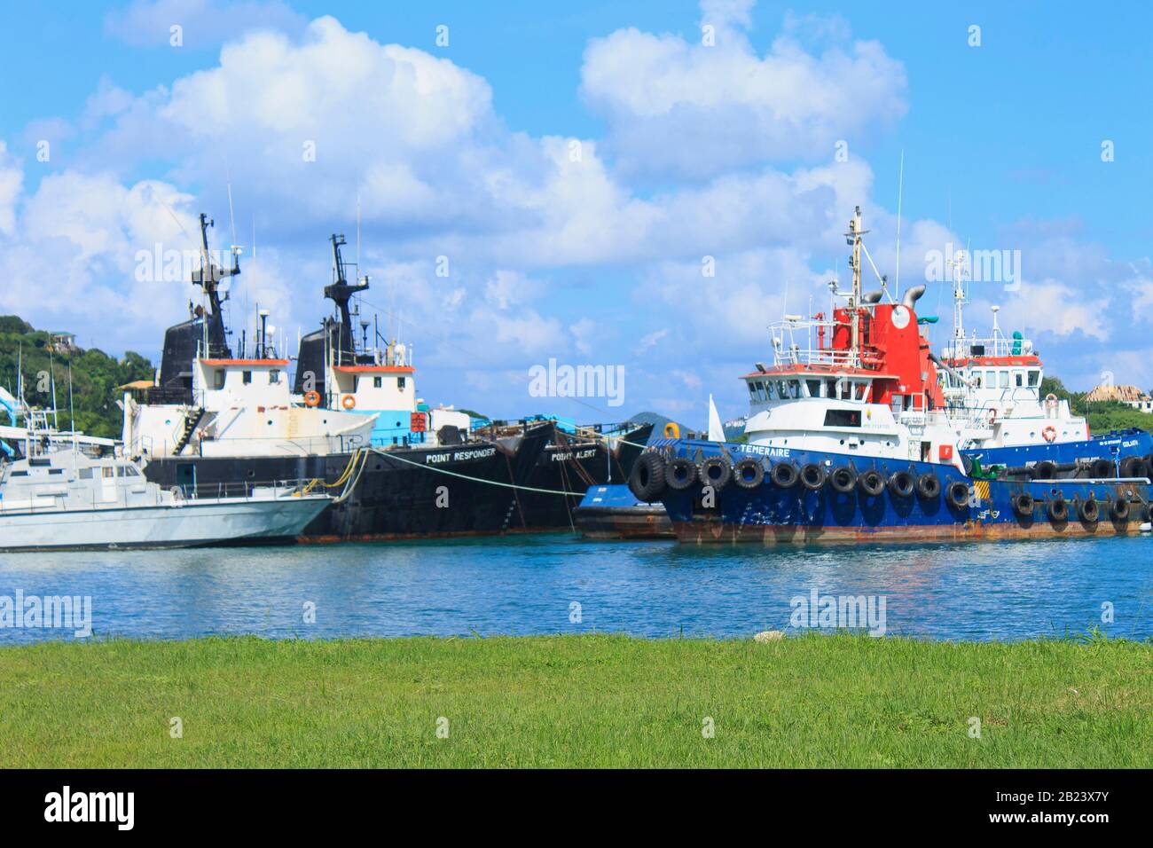 Castries, Saint Lucia - November 23, 2019. Two tugboats docked awaiting the arrival or departure of vessels to the harbor Stock Photo