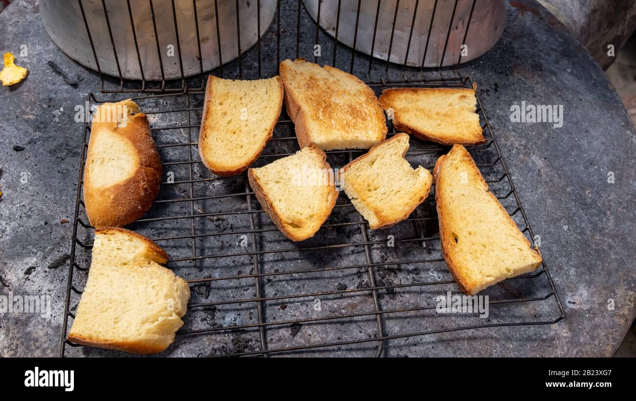 Toasted bread slices on stove Stock Photo Alamy
