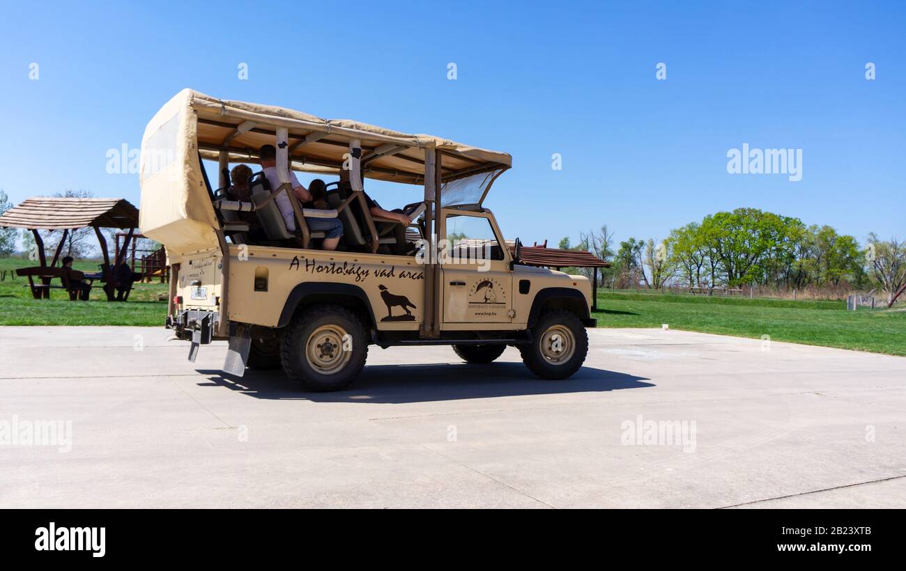Hortobagy Hungary 04 20 2019 visitors take an off-road car to watch animals in the Hortobágy National Park. Stock Photo