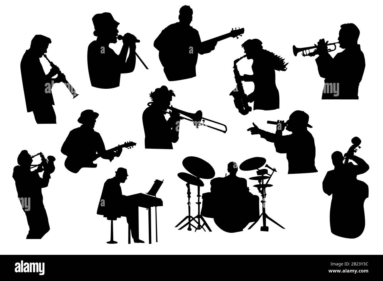 Set black silhouettes of jazz, rock or pop musicians isolated on white background. Collection of singer and musician in different poses. Stock vector Stock Vector