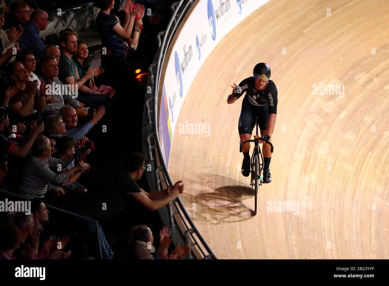 New Zealand's Campbell Stewart celebrates winning the Mens Omnium Elimination Race during day four of the 2020 UCI Track Cycling World Championships at Velodrom, Berlin. Stock Photo