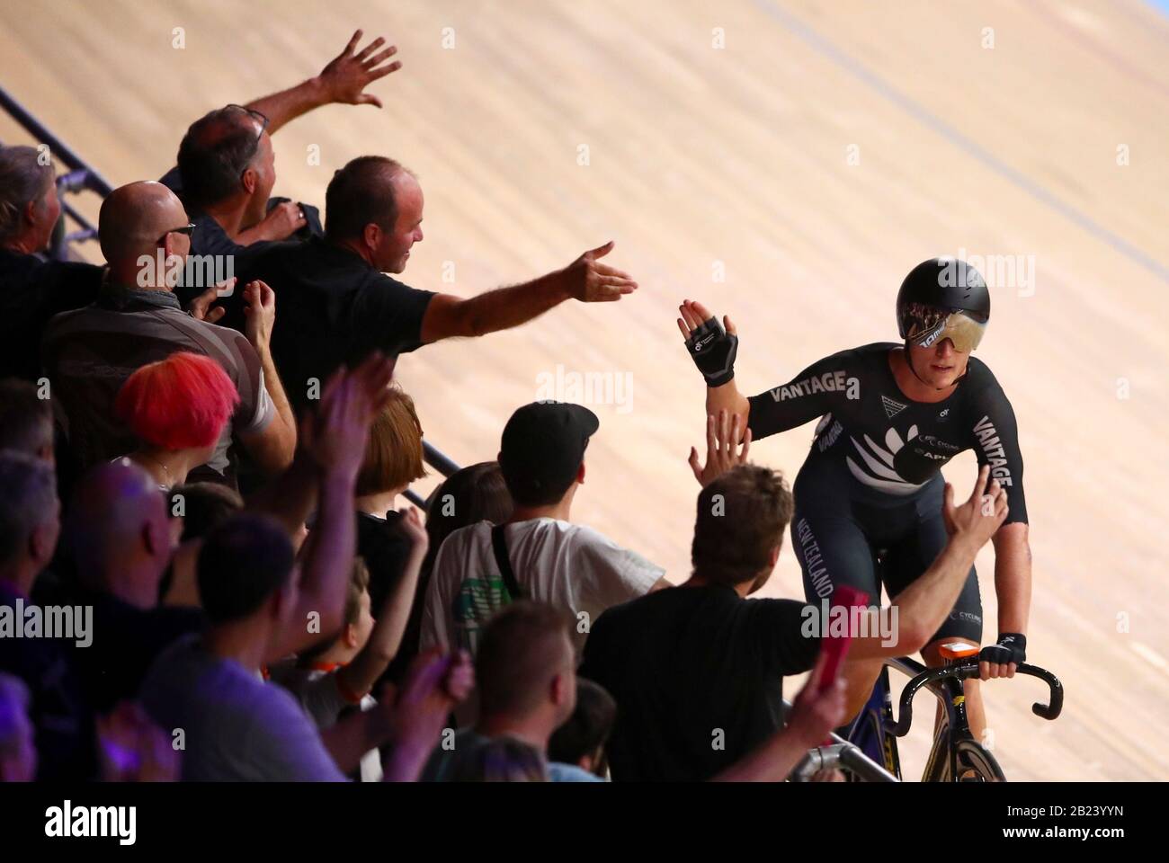 New Zealand's Campbell Stewart celebrates winning the Mens Omnium Elimination Race during day four of the 2020 UCI Track Cycling World Championships at Velodrom, Berlin. Stock Photo