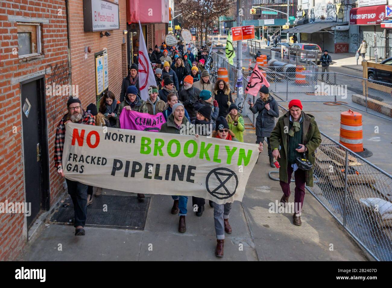 USA. 29th Feb, 2020. Community members from across North Brooklyn joined climate activist group Extinction Rebellion NYC at a rally on Manhattan Avenue and Moore Street near the construction site of National Grid's controversial Metropolitan Reliability Infrastructure (MRI) project shutting down again construction for the day on February 29, 2020. Community calls for immediate, permanent halt of construction and on Mayor De Blasio, and Governor Cuomo to oppose project. (Photo by Erik McGregor/Sipa USA) Credit: Sipa USA/Alamy Live News Stock Photo