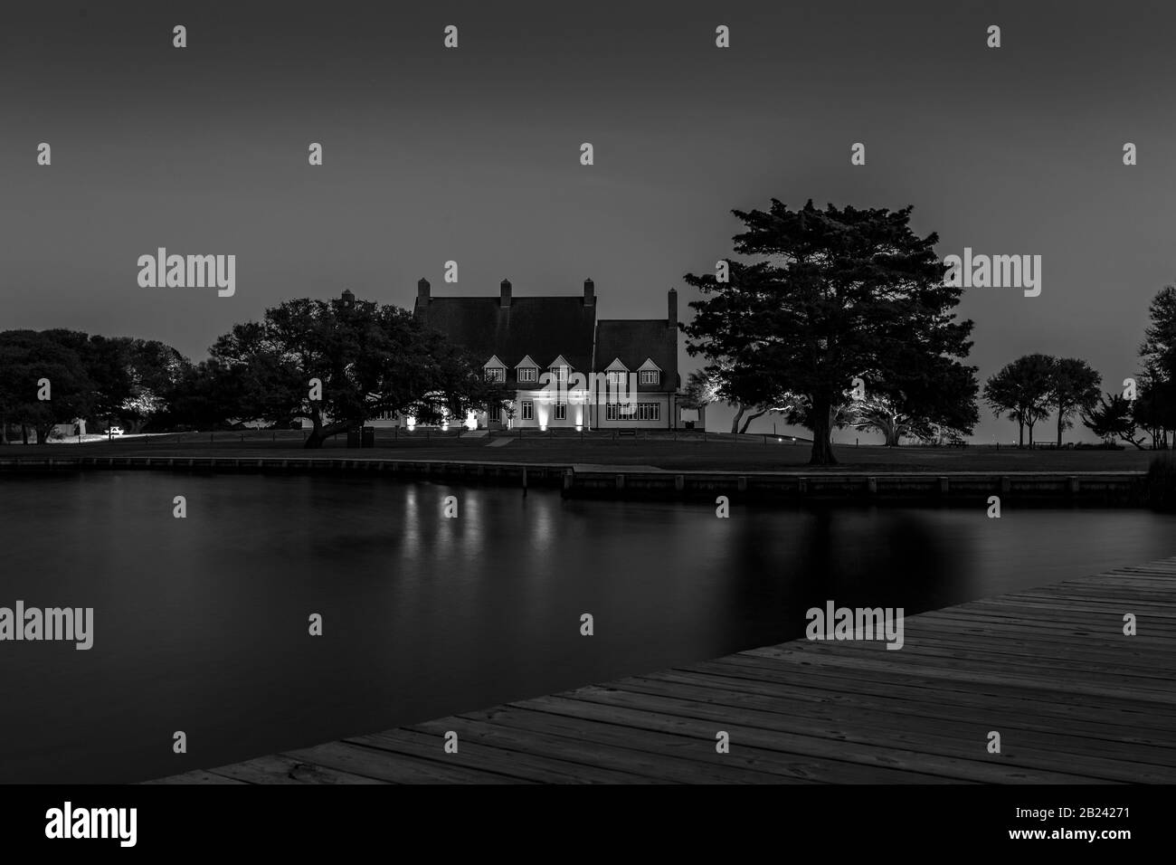 Black & white of The Outer Banks Whalehead Club at night, Corolla, NC, May 29, 2013 Stock Photo