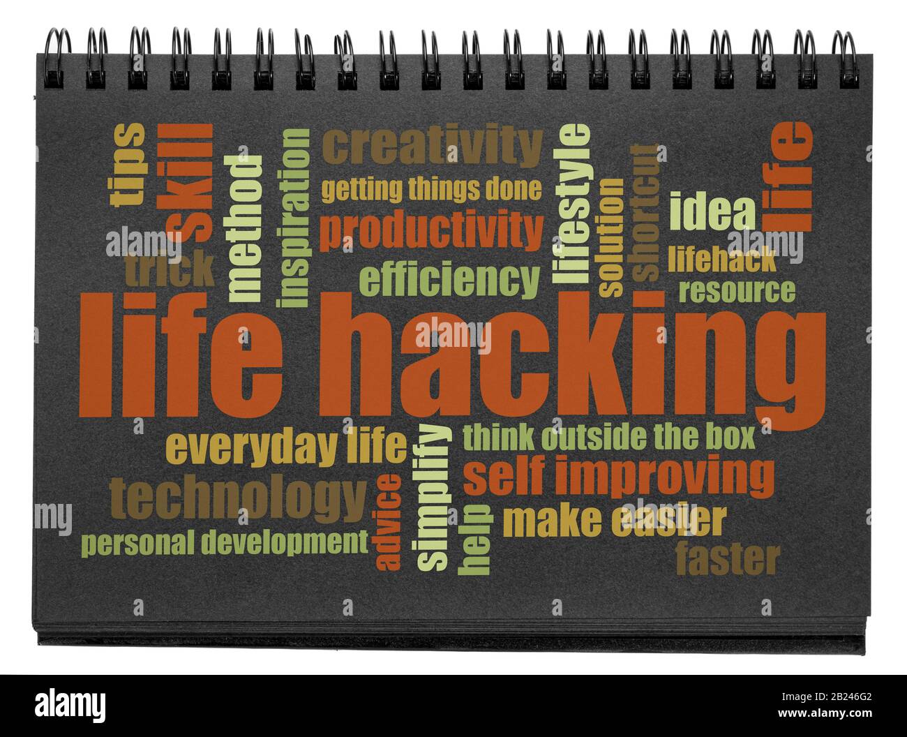 life hacking word cloud in an isolated black paper sketchbook, efficiency, productivity and self help concept Stock Photo