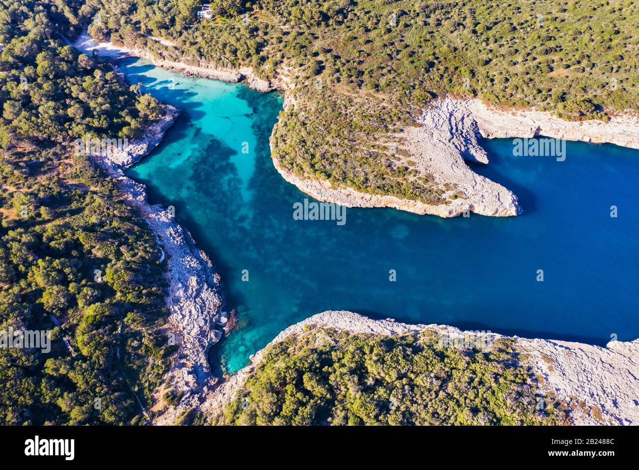 Cala Sa Nau, near Cala d'Or, Migjorn region, drone shot, Majorca ...