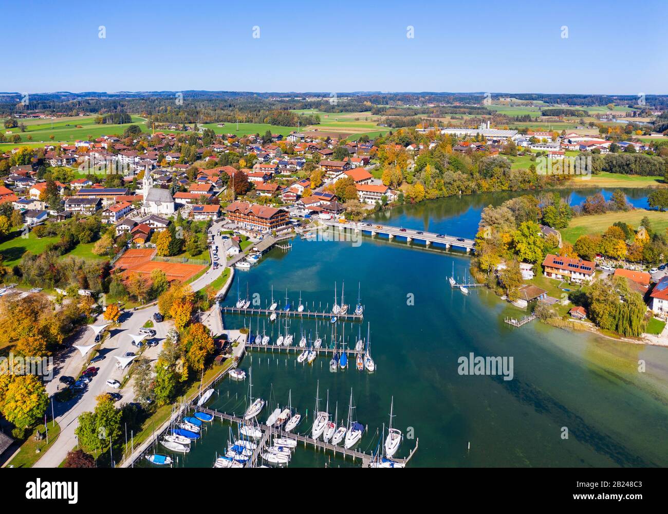 Seebruck with marina, outflow of the Alz from the Chiemsee, Chiemgau, Alpine foreland, aerial view, Upper Bavaria, Bavaria, Germany Stock Photo